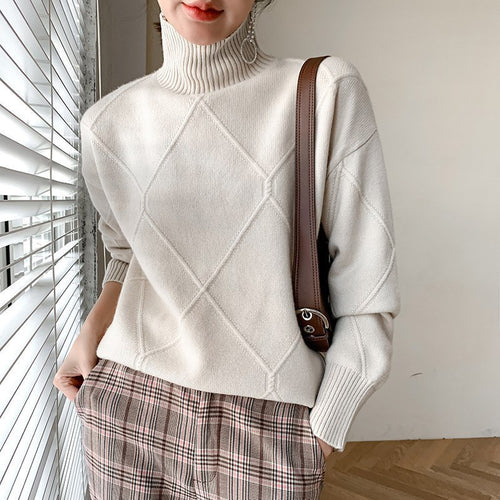 Damen Pullover mit hochgeschlossenem Kragen und strukturiertem Rautenmuster Drune