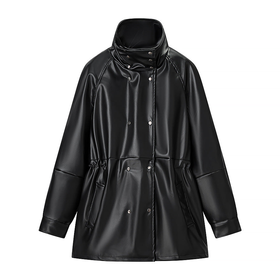 Damen Regenjacke aus Lederoptik mit hohem Stehkragen, Taillenzug und Druckknopffront Drune