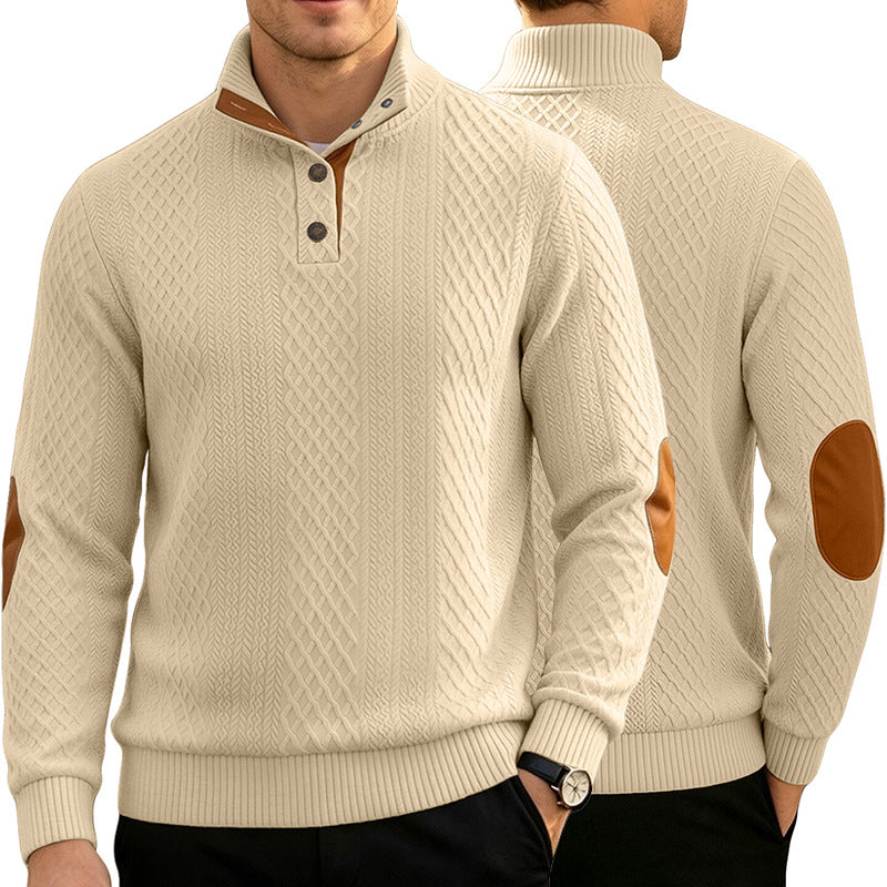 Herren Kabelstrick Troyer Pullover mit Stehkragen und Lederoptik-Ellbogen-Patches Drune