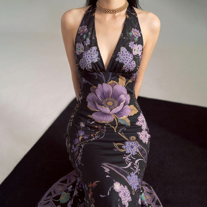 Damen Elegantes Maxikleid mit floralem Design und tiefem V-Ausschnitt Drune
