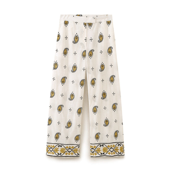 Damen weite Palazzo-Hose mit Paisley-Print und dekorativem Bordürensaum Drune