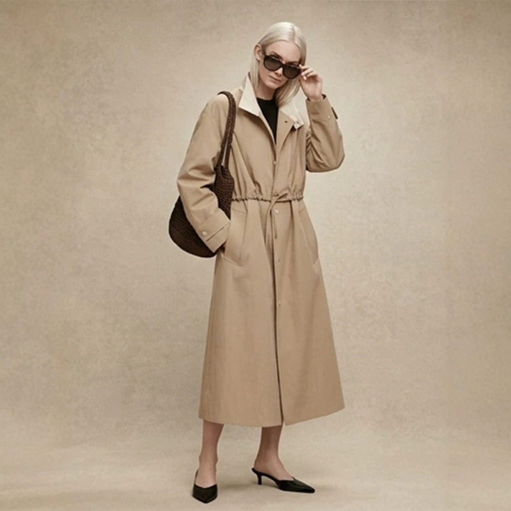 Damen Taillierter Mantel im Trenchcoat‑Stil mit Kordelzug‑Taille und Kontrastkragen Drune