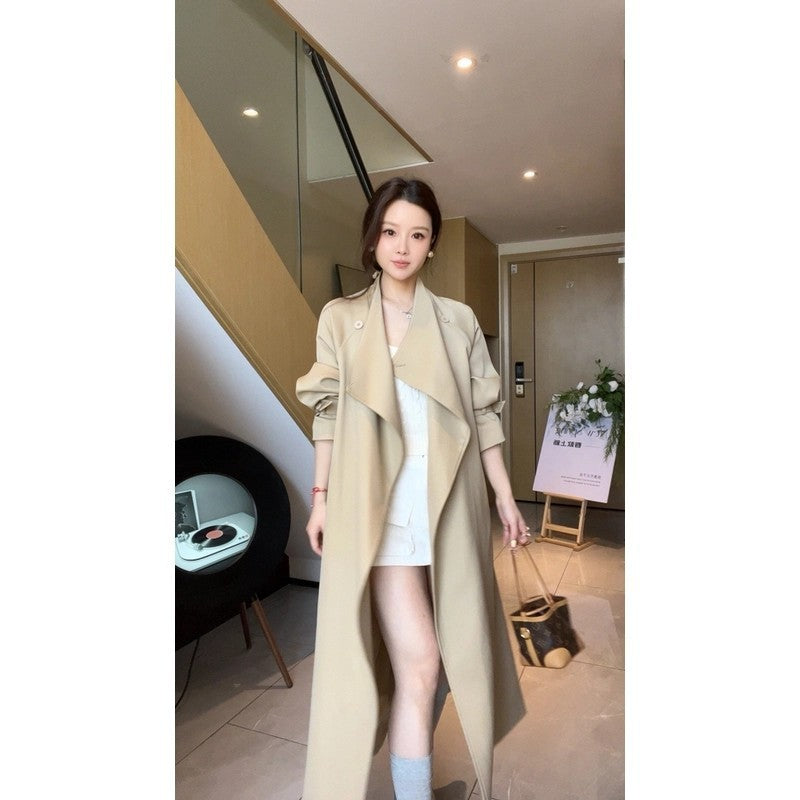 Damen Oversized Trenchcoat mit Taillengürtel Reverskragen und verstellbaren Manschetten Drune