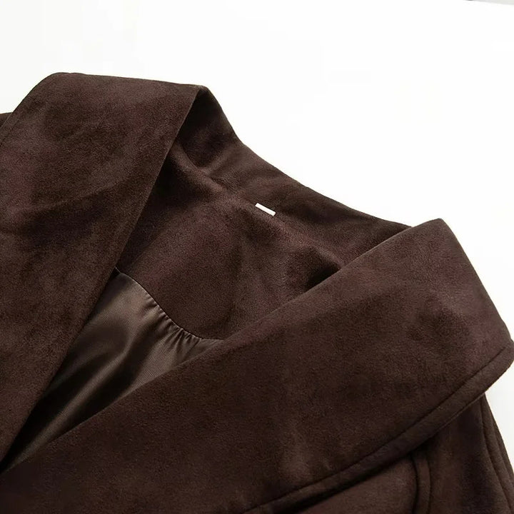 Damen nan kurzer Veloursoptik-Mantel mit Schalkragen, Bindegürtel und Eingrifftaschen Drune