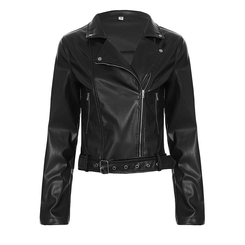 Damen nan taillierte Bikerjacke aus Kunstleder mit asymmetrischem Reißverschluss, metallischen Details und Taillengürtel Drune