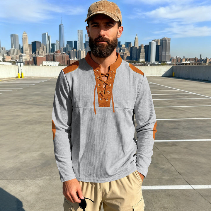 Herren Waffelstrick-Langarmshirt mit Schnürung und Kunstvelours-Ellbogenpatches Drune