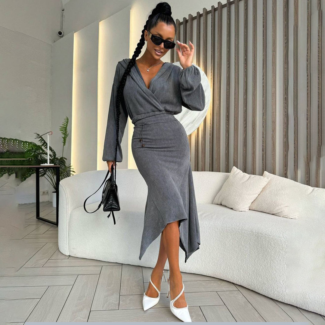 Damen Wickelkleid mit asymmetrischem Saum und eleganten Puffärmeln Drune