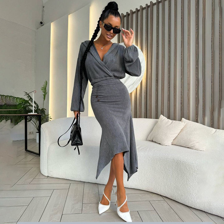 Damen Wickelkleid mit asymmetrischem Saum und eleganten Puffärmeln Drune