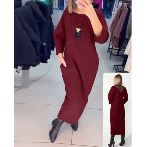 Damen nan gerades Maxikleid mit knöchellanger Silhouette, halblangen Ärmeln, Seitentaschen und transparentem V-Rücken Drune