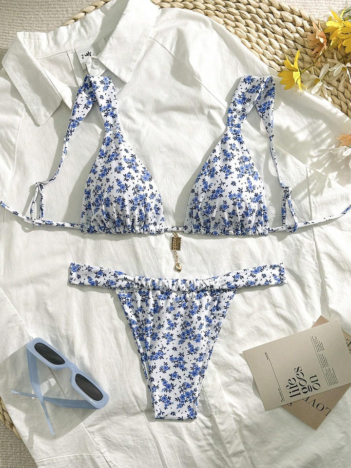 Damen Triangel-Bikini mit floralen Mustern und verstellbaren Trägern Drune