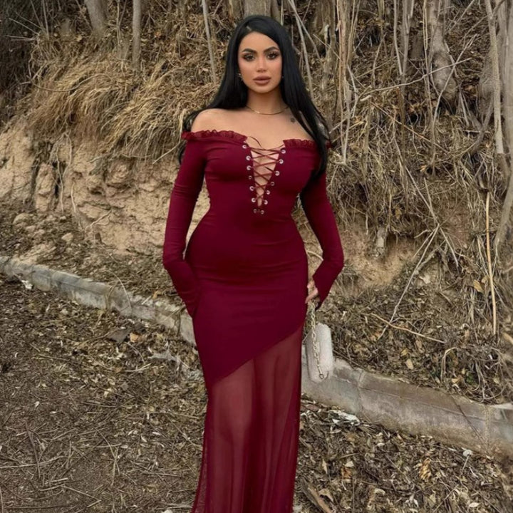 Damen figurbetontes Maxikleid mit Off-Shoulder Design und transparentem Rock Drune