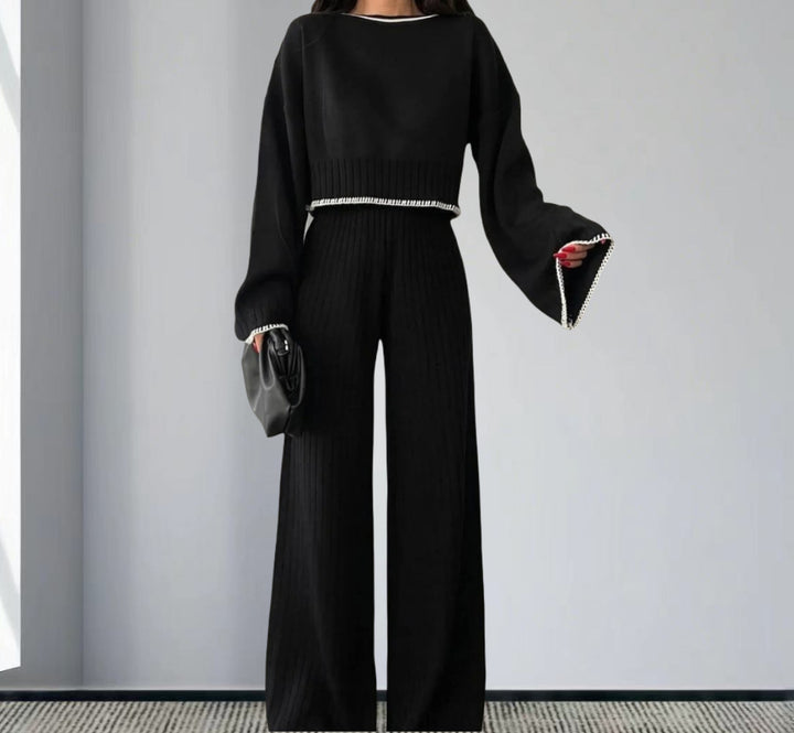 Damen elegantes Strickanzug mit weitem Bein und romantischen Ärmeln Drune