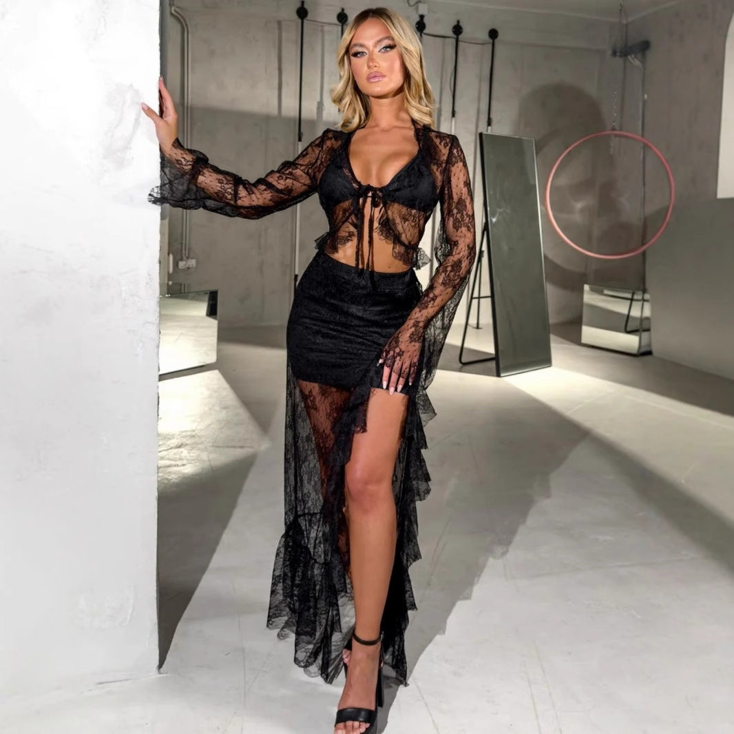 Damen Transparente Bluse mit Rüschenärmel und frechem Bindeband Drune