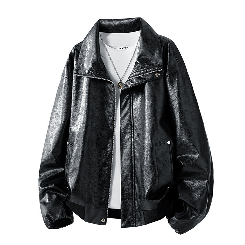 Damen Modische Kunstlederjacke mit hohen Kragen Drune