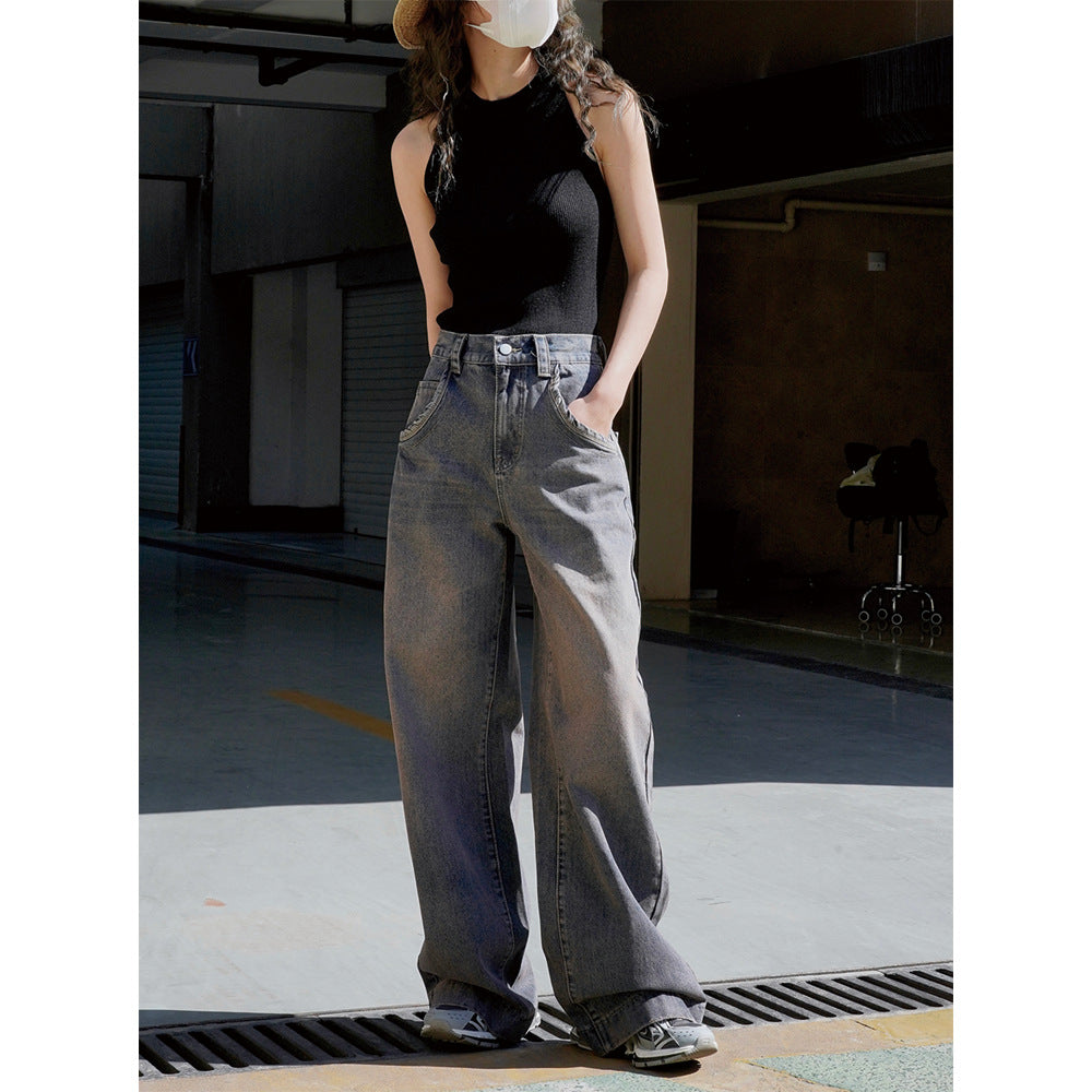 Damen Weite High‑Waist Denim‑Baggy‑Jeans mit extra langem Bein und verwaschener Used‑Optik Drune