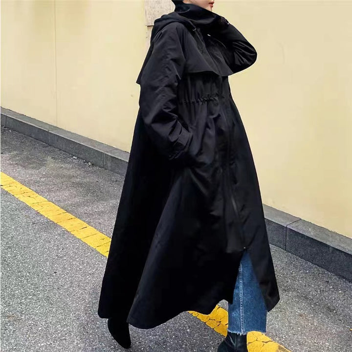 Damen Langer Oversize-Dustercoat mit Cape‑Passe, Tunnelzug‑Taillierung und hohem Stehkragen Drune