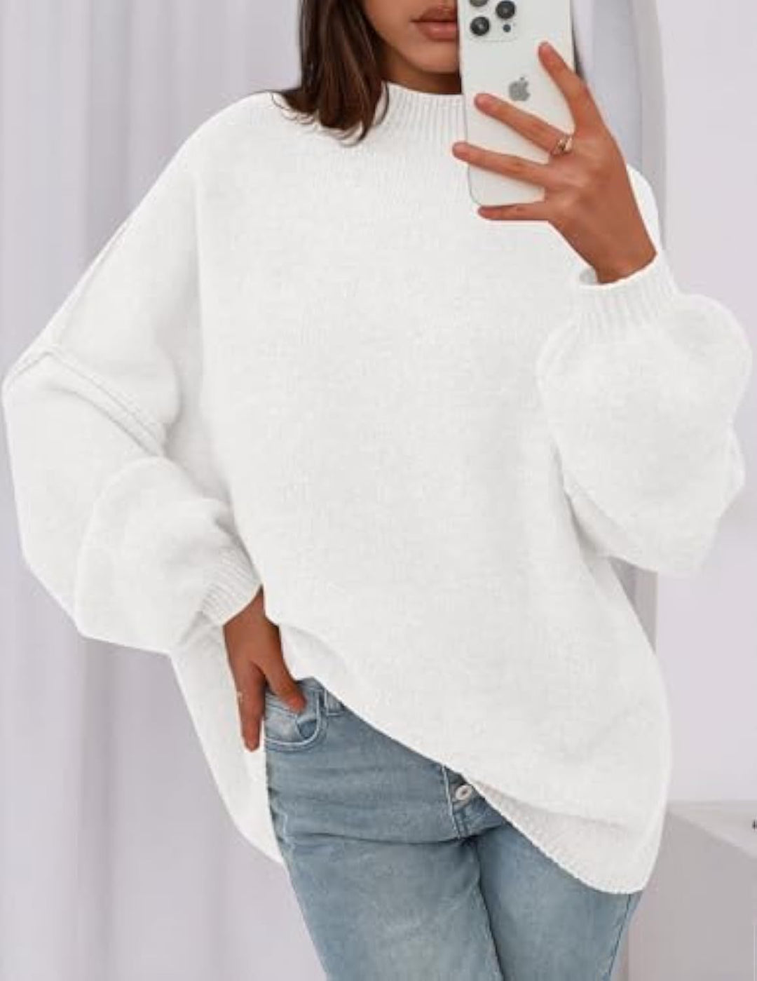 Damen Oversize-Strickpullover mit Stehkragen und Ballonärmeln Drune