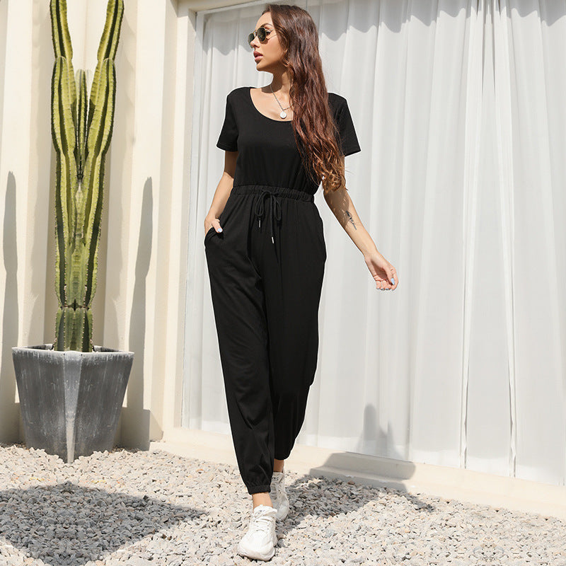 Damen lässiger Jumpsuit mit elastischem Bund und taillierbarem Gürtel Drune