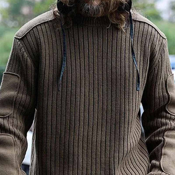 Herren Militär-inspirierter Rippsweater mit Ellbogenpatches und Schulterklappen Drune