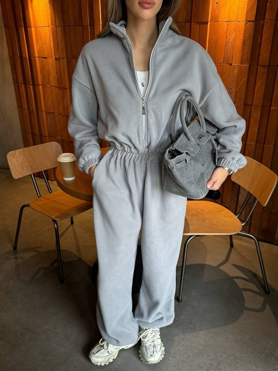 Damen Lässiger Fleece-Hausanzug mit Zip-Kapuze und elastischem Taillenbund Drune