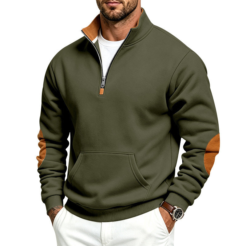 Herren Troyer-Pullover mit halbem Reißverschluss, Kängurutasche und Ellbogen-Patches Drune