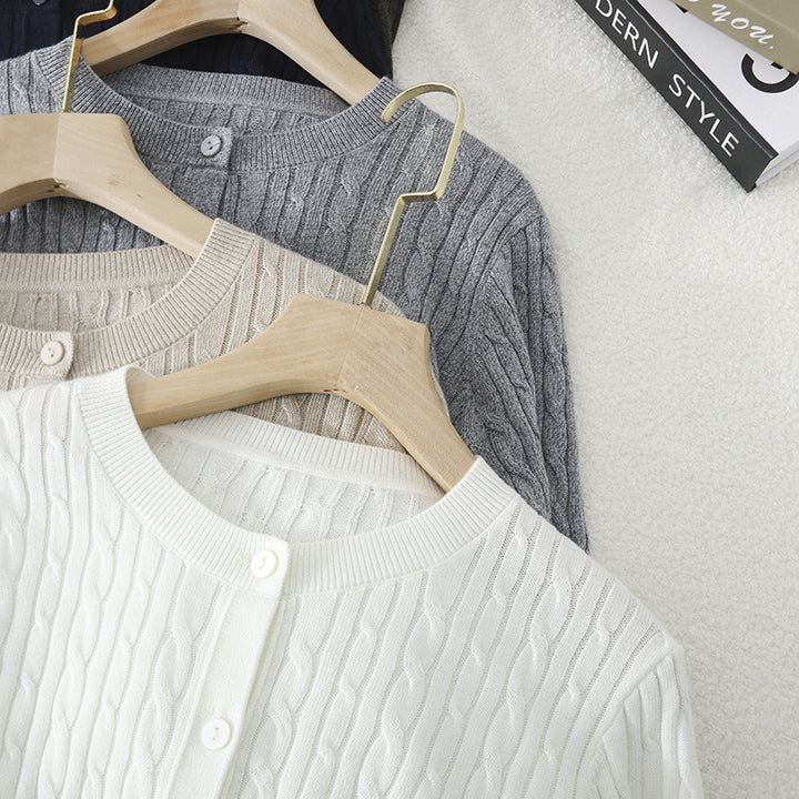 Damen Feiner Zopfmuster-Cardigan mit Rundhals und durchgehender Knopfleiste Drune