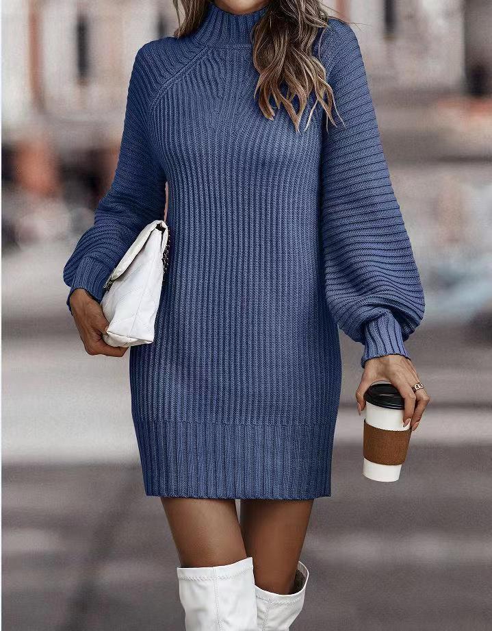 Damen Strickkleid mit weitem Rollkragen und puffärmeligen Details Drune