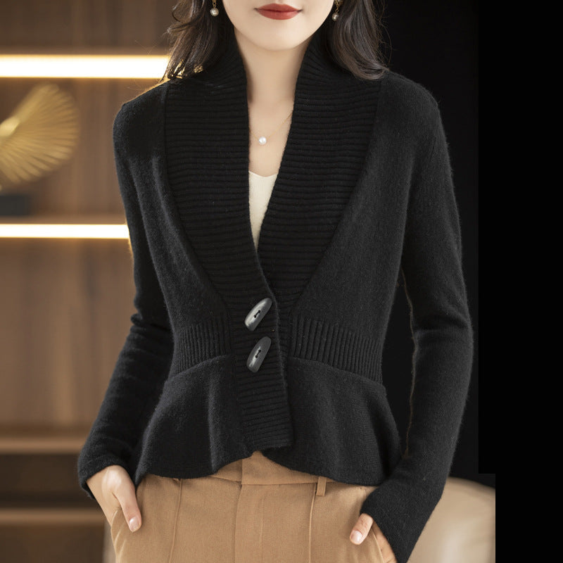 Damen elegante Strickjacke mit Wickeloptik und Knopfdetail Drune
