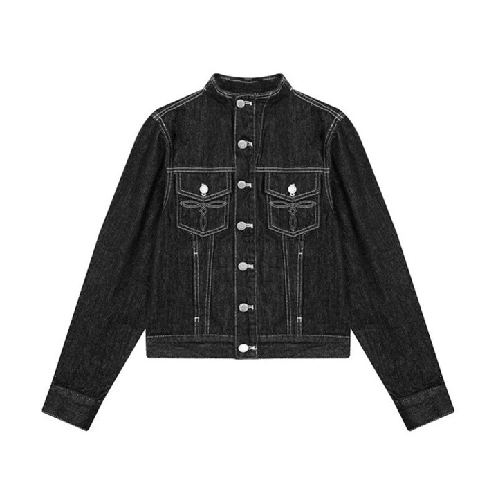 Damen Taillierte Jeansjacke mit Stehkragen, Ziernähten und Metallknopfverschluss Drune