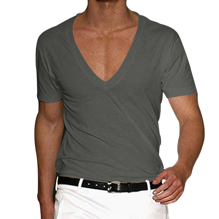 Herren nan tief ausgeschnittenes V-Ausschnitt Kurzarmshirt aus Baumwollstretch mit tailliertem Schnitt Drune