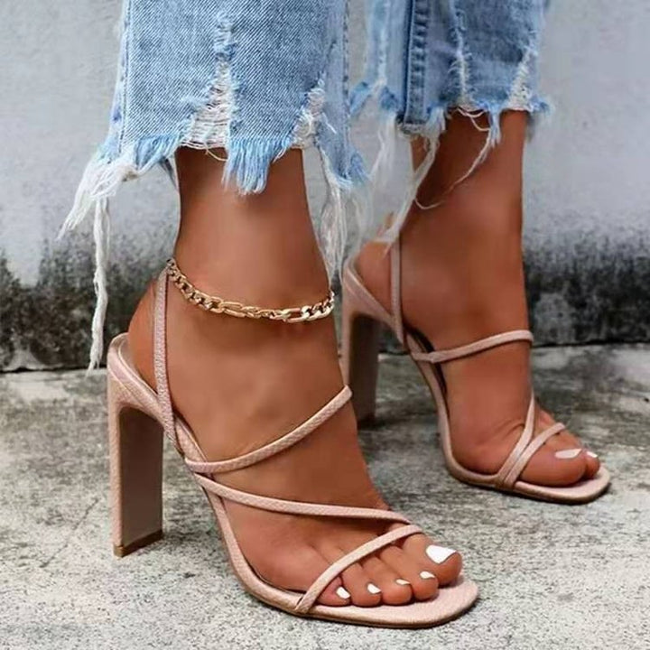 Damen Slingback-Sandaletten mit quadratischer Zehenpartie, schlanken Zierriemen und hohem Blockabsatz Drune