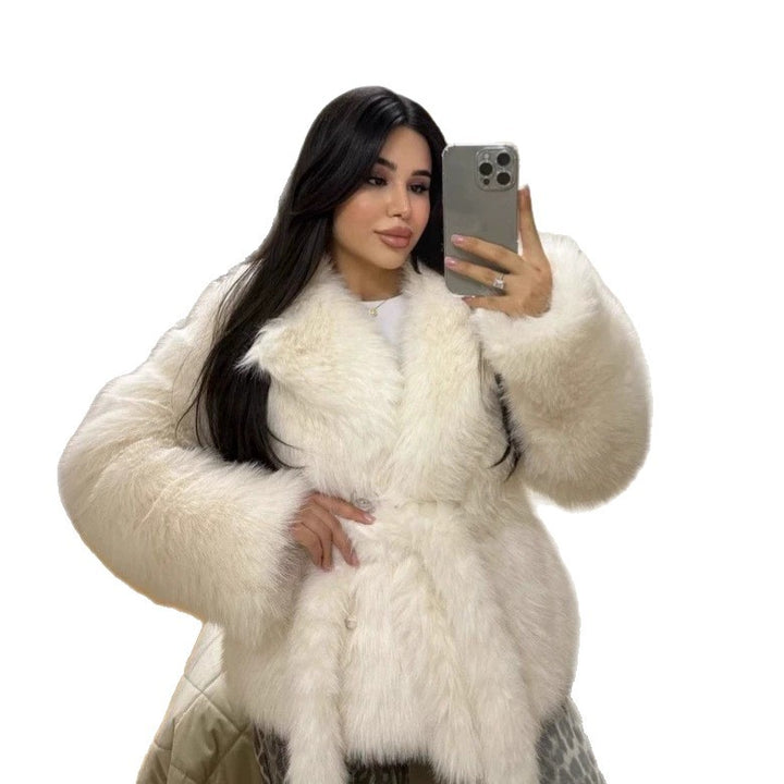 Damen Kurzmantel aus langflorigem Faux-Fur mit taillierendem Bindegürtel Drune
