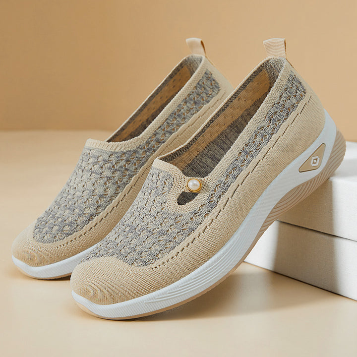 Damen nan atmungsaktive gestrickte Slip-On Slipper mit Perlenapplikation und stoßdämpfender EVA-Sohle Drune