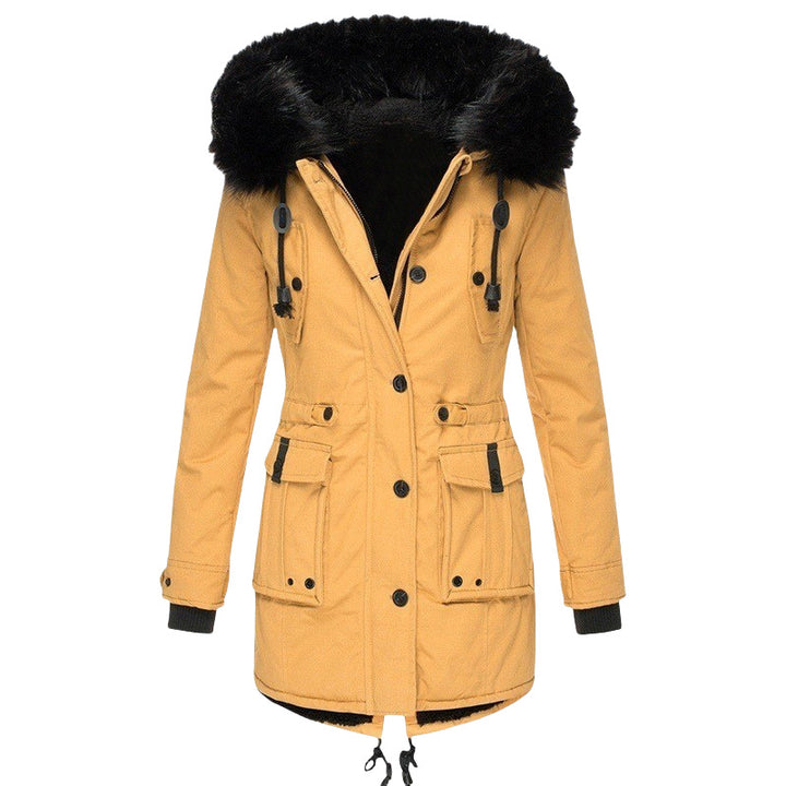Damen Gefütterter Parka mit Kapuze und abnehmbarem Kunstpelzbesatz, taillierter Wintermantel Drune