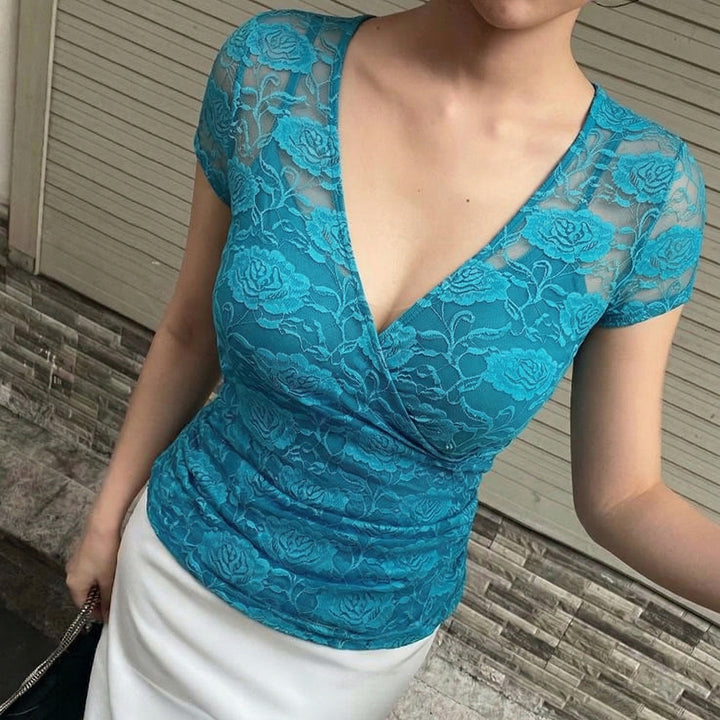 Damen Spitzentop mit floralem Muster und V-Ausschnitt Drune