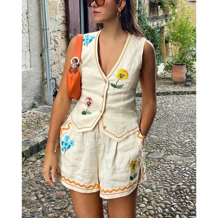 Damen Set aus ärmellosem Blusenkleid und Shorts mit floralem Design Drune