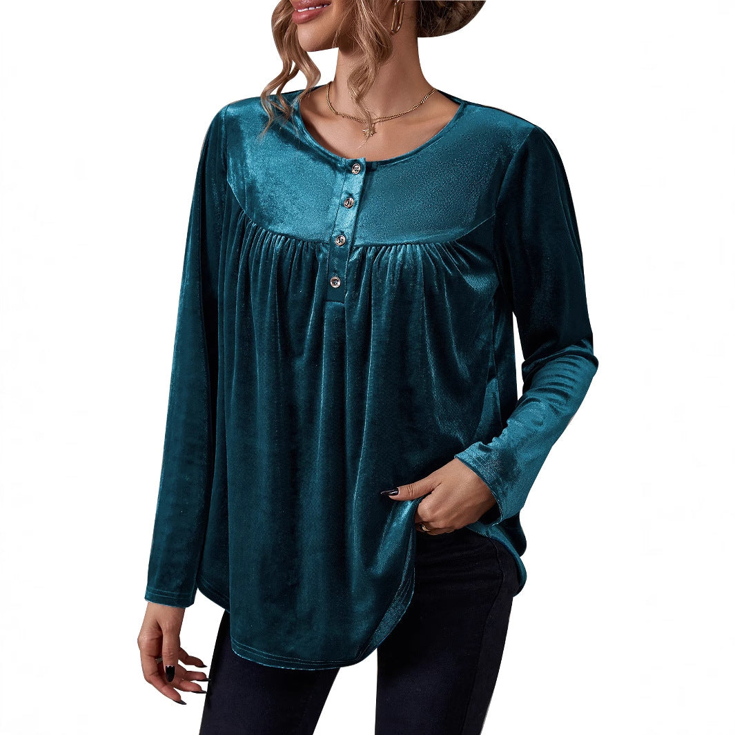Damen Velours Oberteil mit Knopfdetail und gerafftem Design Drune
