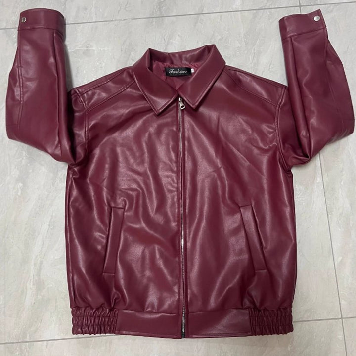Damen lässige Lederjacke mit großem Kragen und seitlichen Taschen Drune