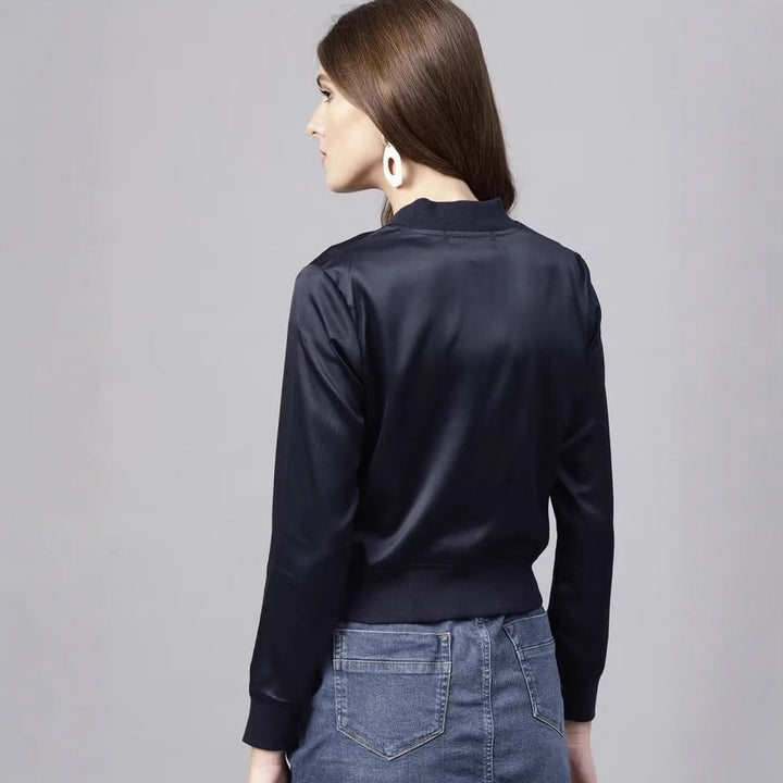 Damen Kurze Satin-Bomberjacke mit Reißverschluss, Rippbündchen und Eingrifftaschen Drune