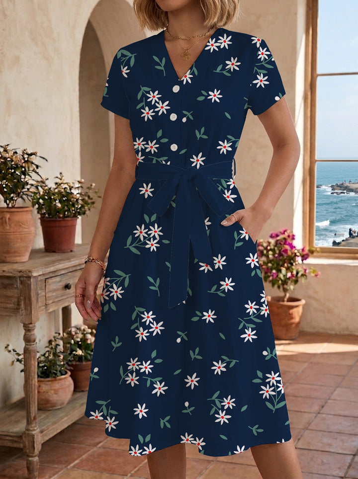 Damen Midikleid mit floralem Muster und Taillengürtel Drune