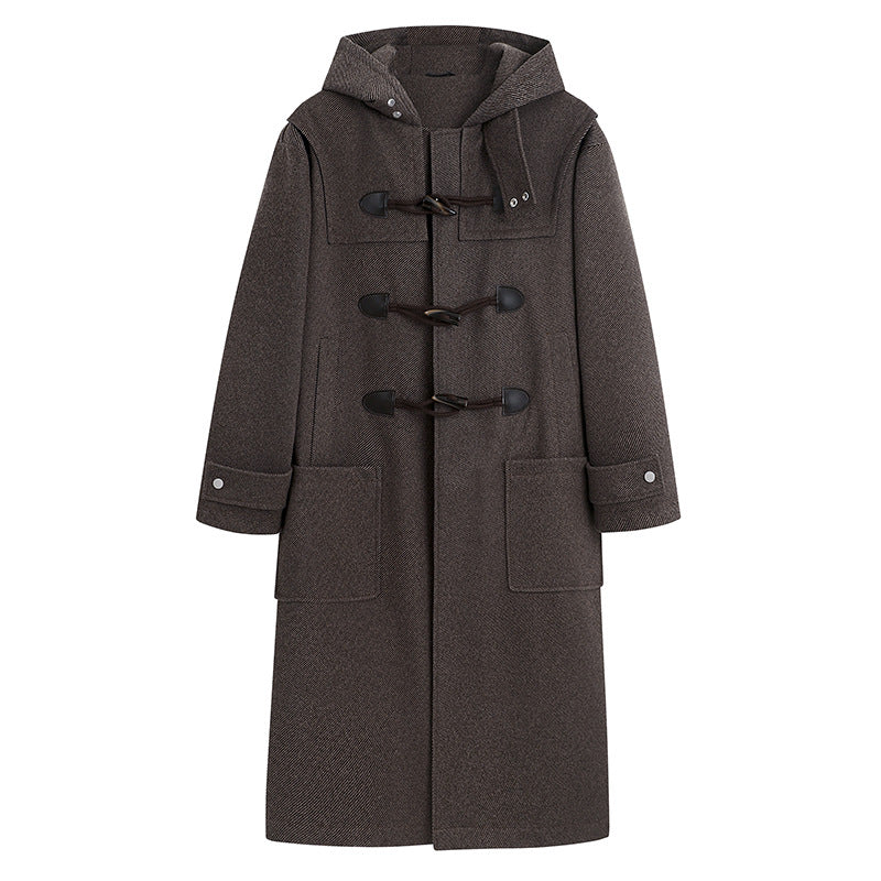 Herren Langer Wollmix Dufflecoat mit Kapuze, Knebelverschlüssen und aufgesetzten Taschen Drune