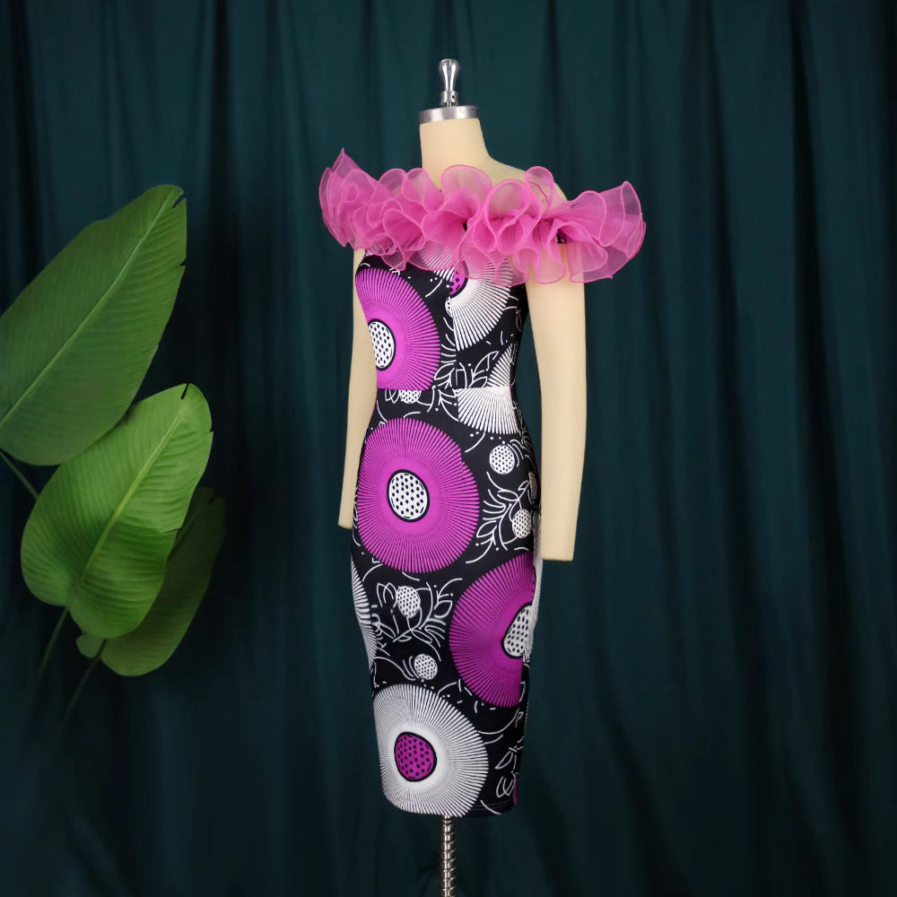 Damen figurbetontes Midi-Kleid mit voluminösen Rüschendetails Drune