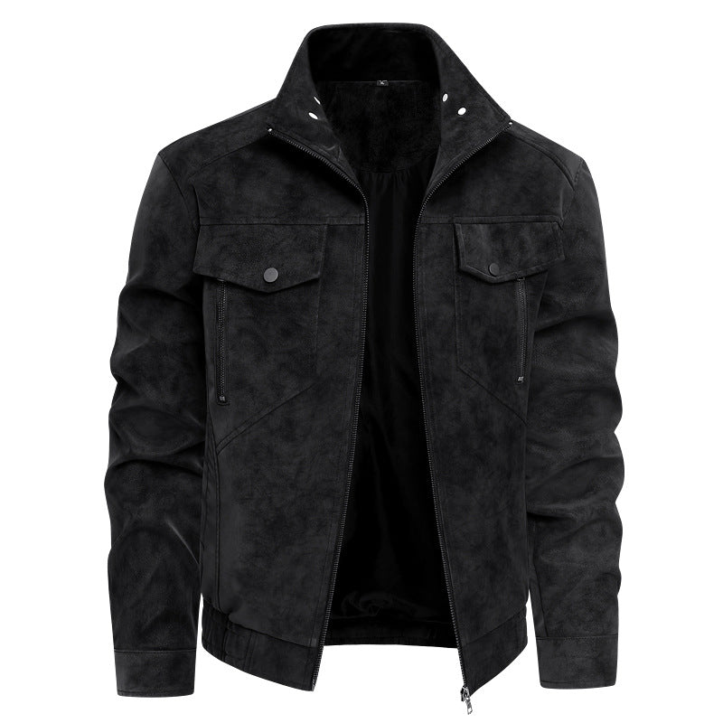 Herren  Faux-Suede Strukturierte Stehkragen-Zip-Jacke mit schrägen Brusttaschen Drune