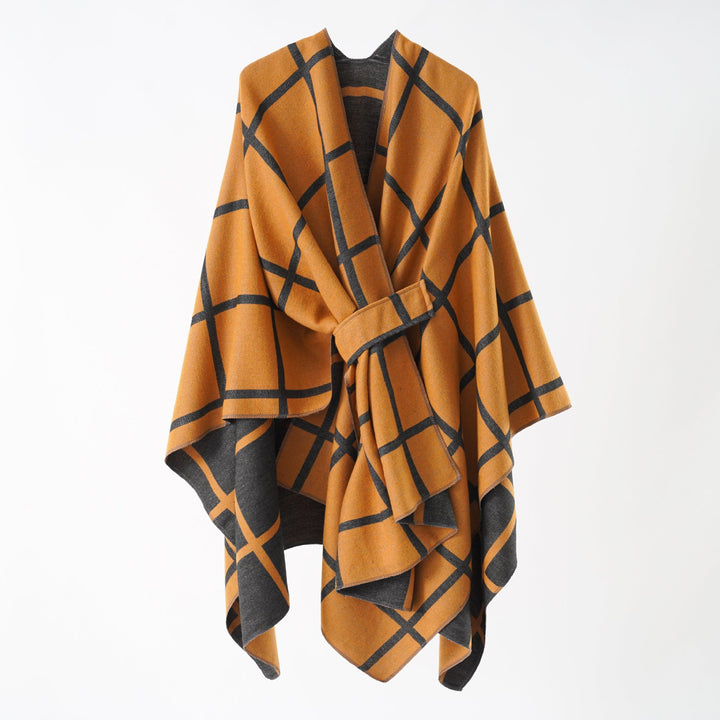 Damen Oversize Wollmix Poncho mit Gürtel und Karomuster Drune