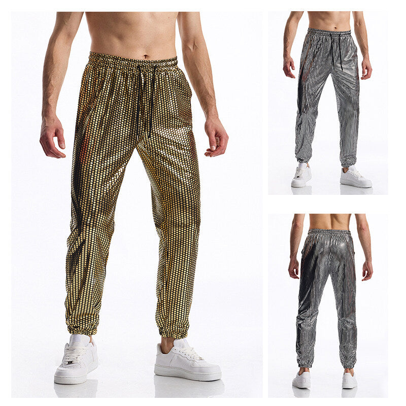 Herren Glamouröse Jogginghose mit Metallic‑Karo, elastischem Bund und schmaler Silhouette Drune