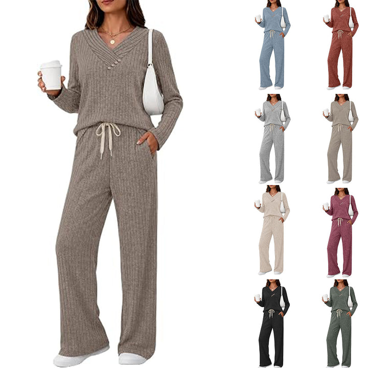 Damen Weiches Rippstrick-Lounge-Set mit V-Ausschnitt und Kordelbund Drune