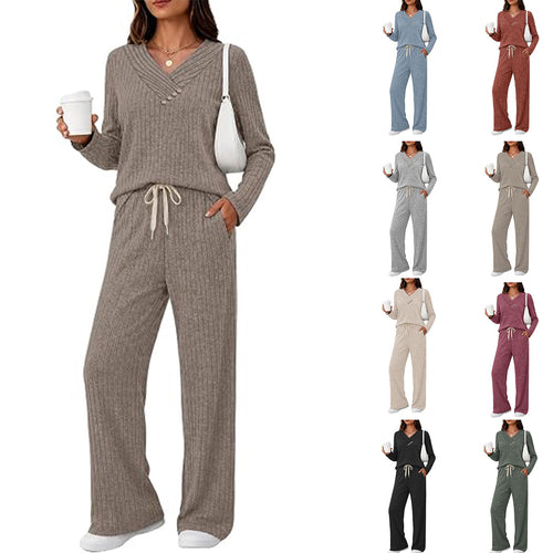 Damen Weiches Rippstrick-Lounge-Set mit V-Ausschnitt und Kordelbund Drune