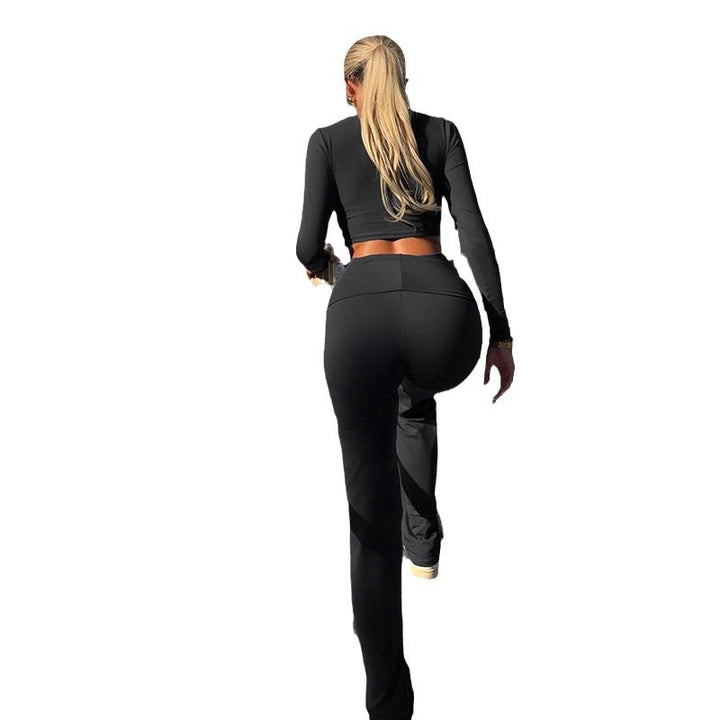 Damen Sportliches Langarm-Crop-Top und figurbetonte Flared-Hose Set Drune