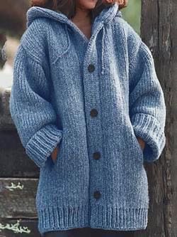 Damen weit geschnittener Kapuzen-Strickmantel mit Knopfleiste und Eingrifftaschen Drune