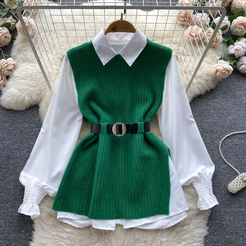 Damen Lagenlook-Bluse mit Rippstrick-Überwurf und Taillengürtel Drune